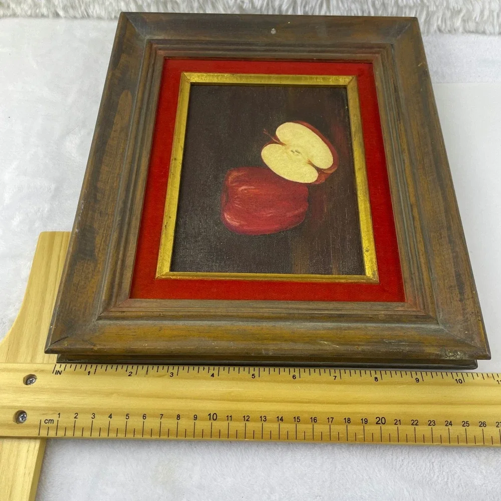 Antique French Still Life Oil Painting Red Apple Gold Frame Red Velvet Mat - Picture 15 of 16